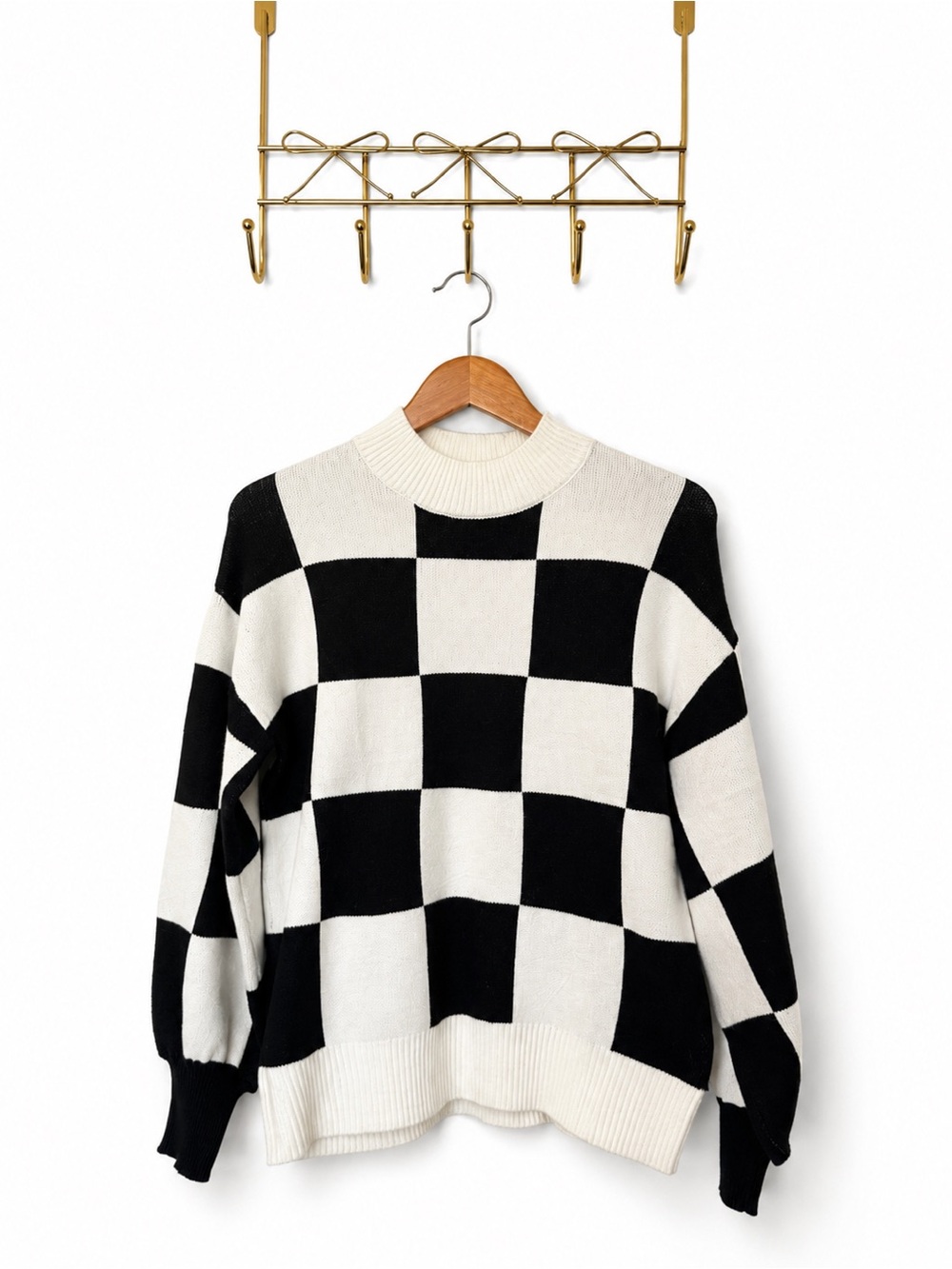 Checkerboard Knit Turtleneck Sweater - Black & White